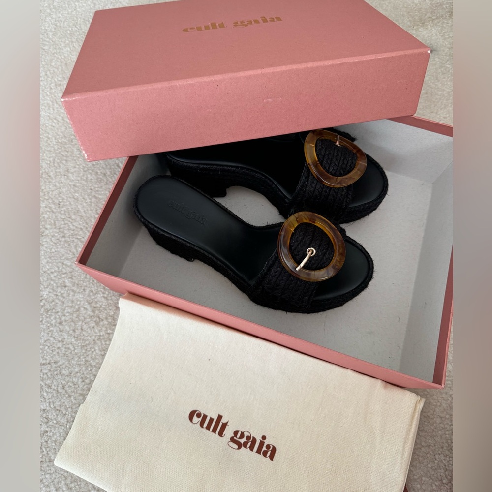 cult gaia Black Woven Platform Slide Sandals with Tortoiseshell Buckle